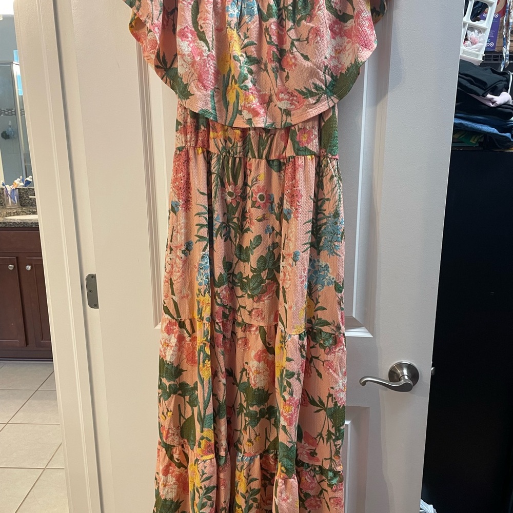 Cato Peach Floral Tiered Maxi Dress with Teal and Olive Accents